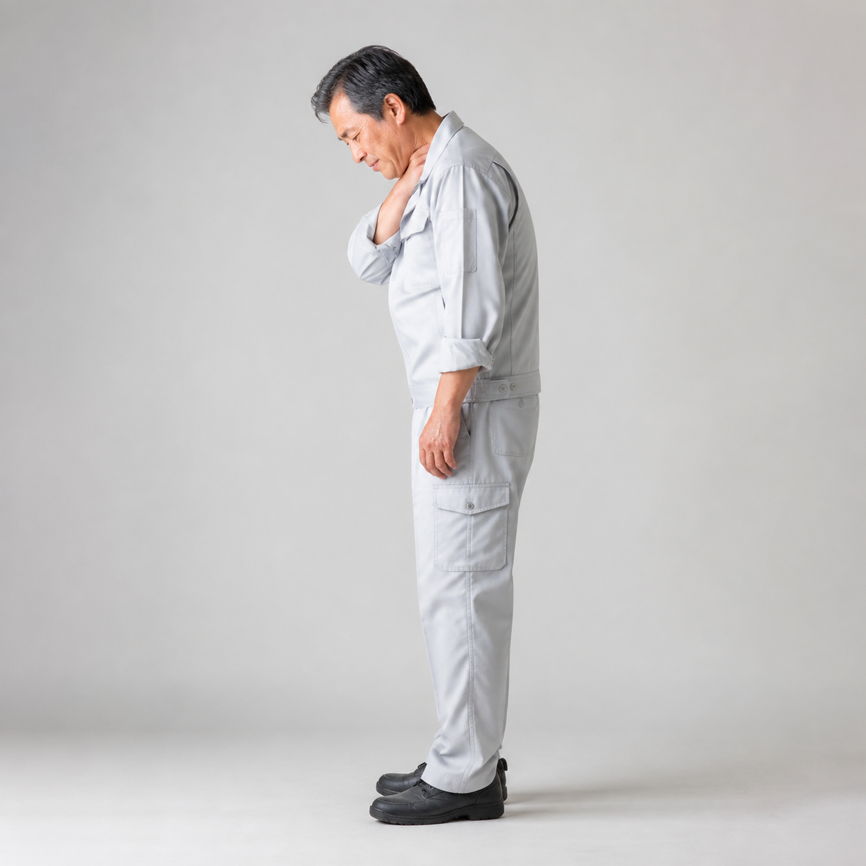 首・肩・腰に負担がかかりやすい前かがみ姿勢の男性
