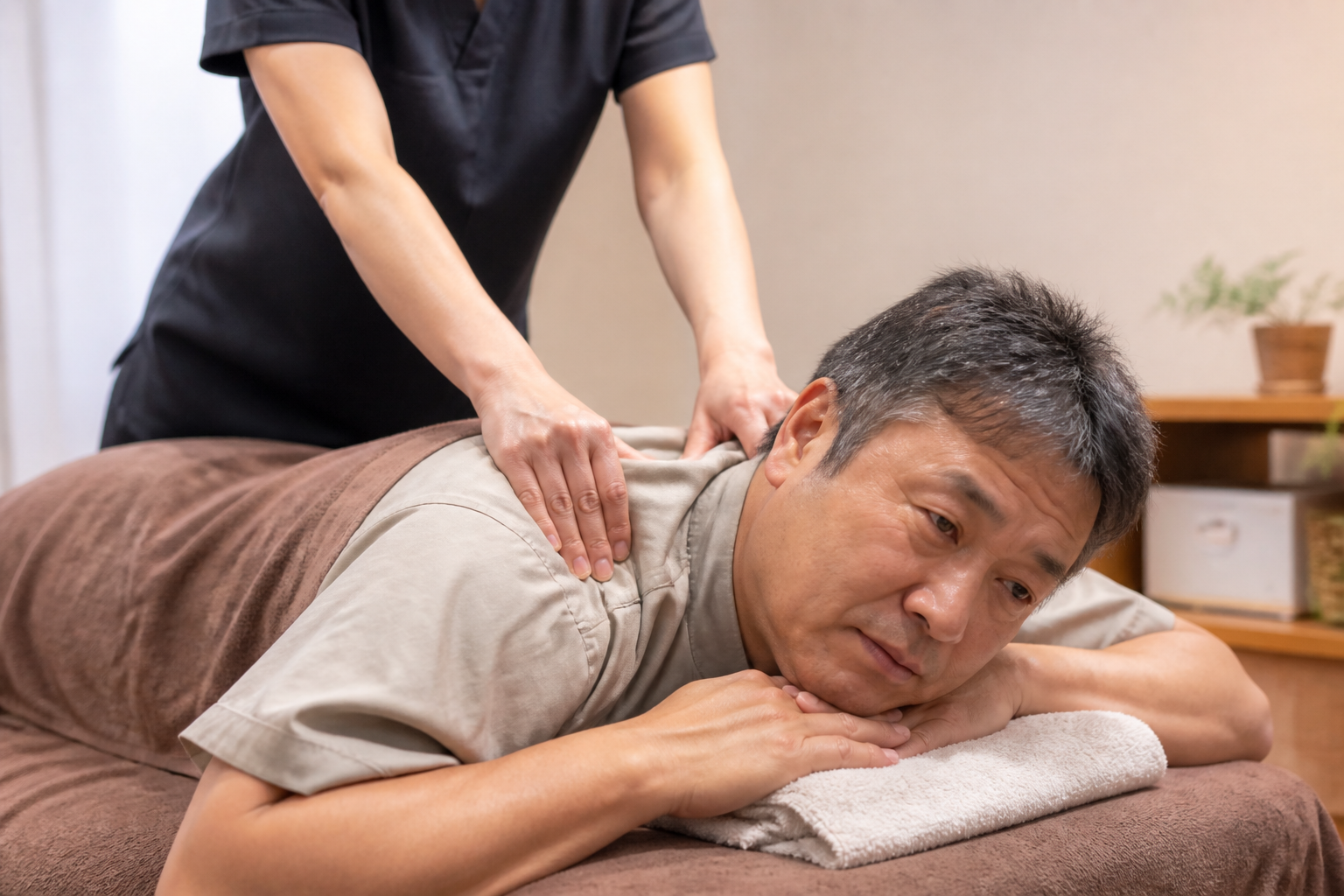 肩だけのケアを受けてもつらさが戻る男性